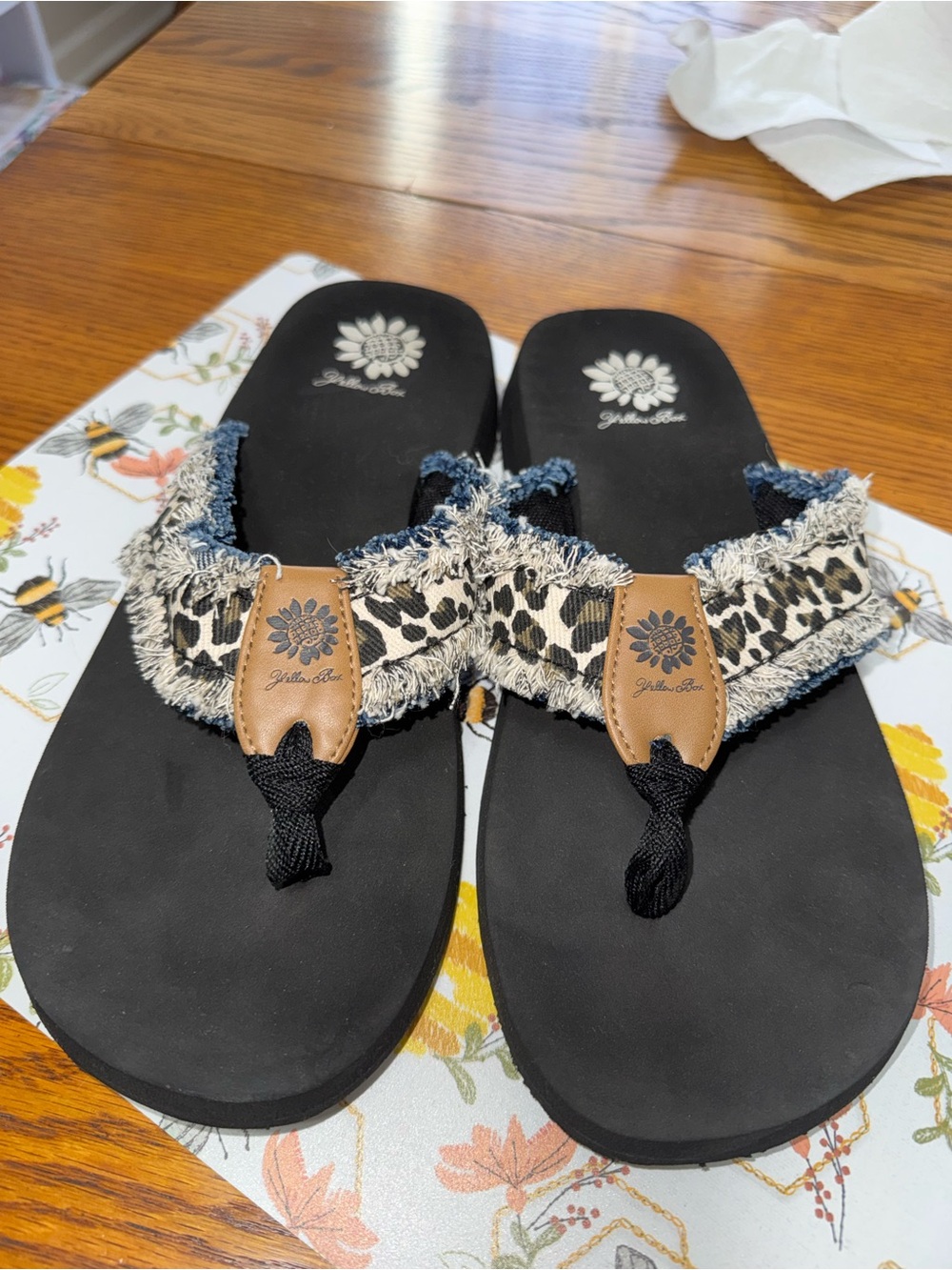 Yellow Box Black Flip Flop Sandals with Leopard Print Straps